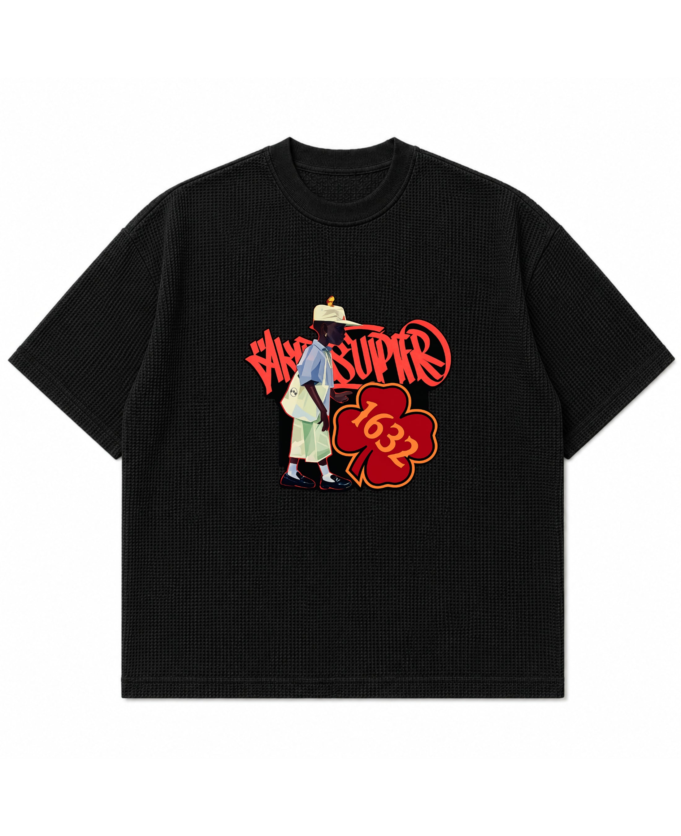 Black waffle boxy fit Front Design